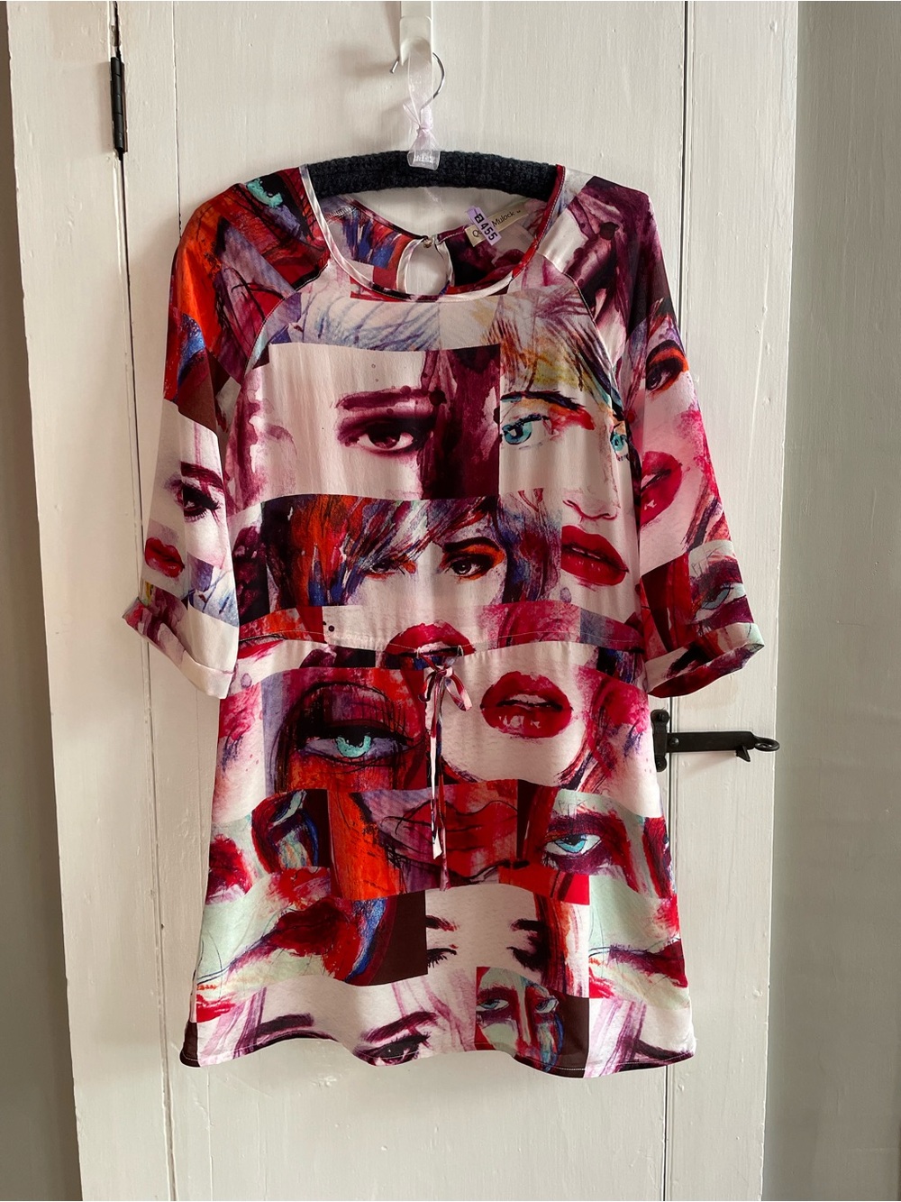 100% Silk Queen Mulock Abstract Pop Art Face Print Mini Dress Tunic Style Size